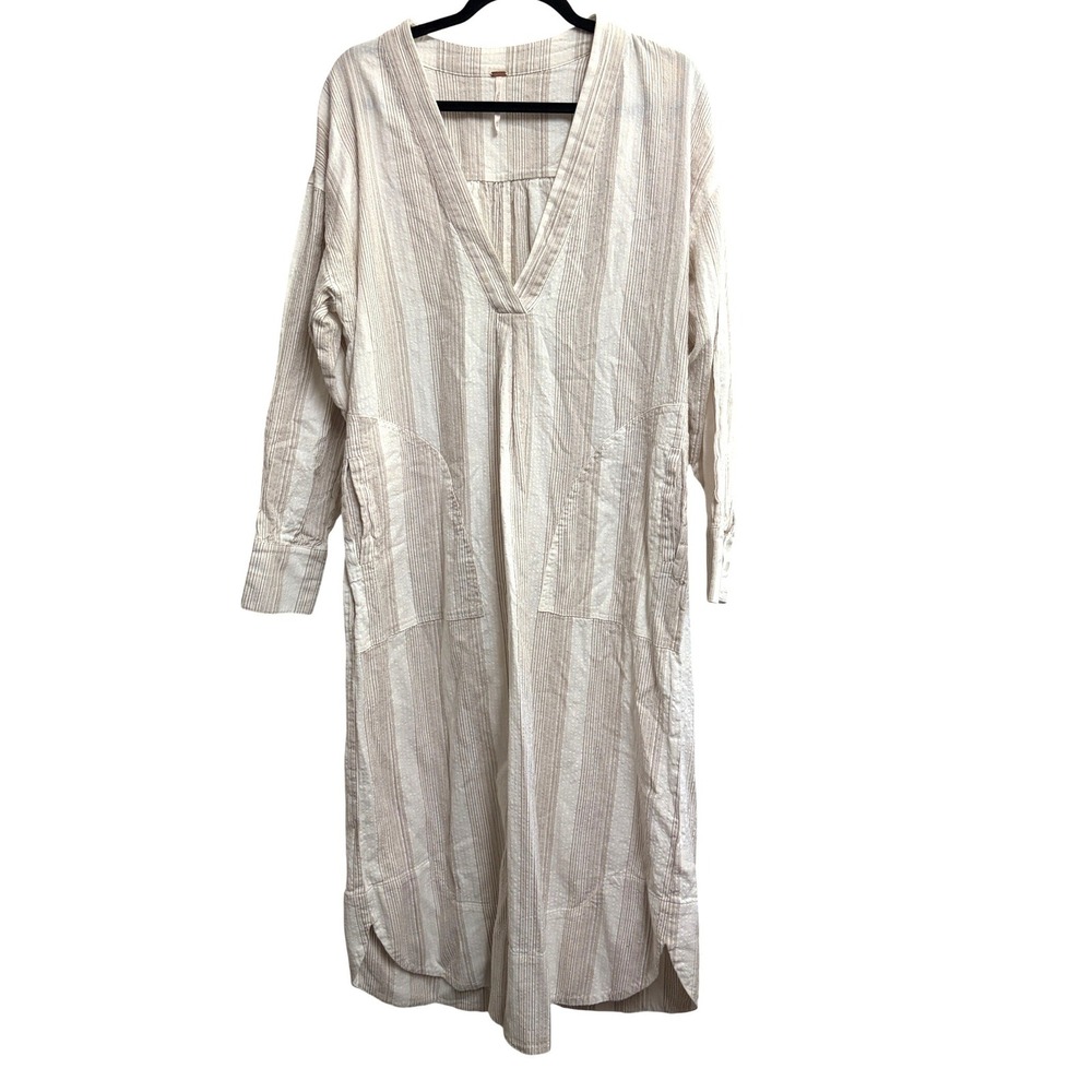 Free People Yumi Striped Boho Cream Maxi Dress White Tan Cotton V-Neck XS